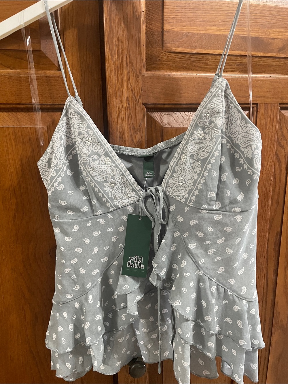 wild fable Gray Paisley Ruffle top NWT Sz. XS very pretty beaded detail